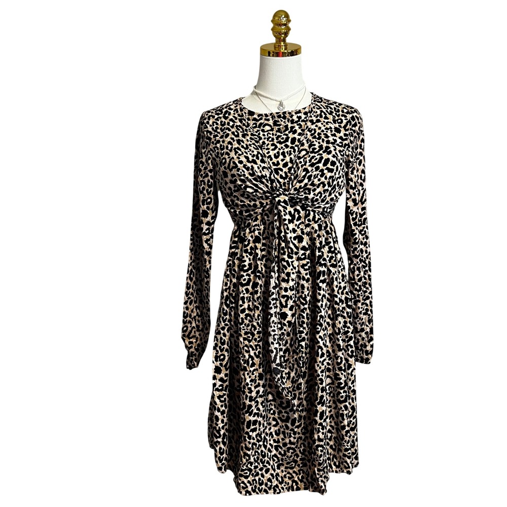 ASOS Leopard Print Long Sleeve Twist Front Mini Dress Brown Tan Size US 4